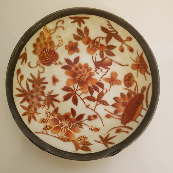 Vtg A.C.F. Japanese Porcelain Ware Bowl Wrapped Pewter Floral Hong Kong decorate - Picture 2 of 11